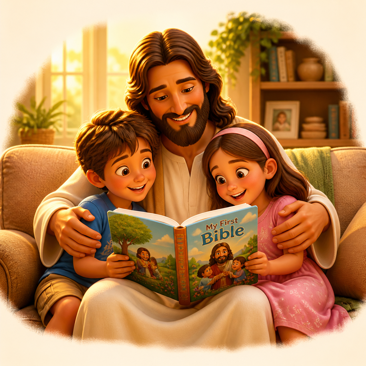 Jesus com crianças lendo a Bíblia